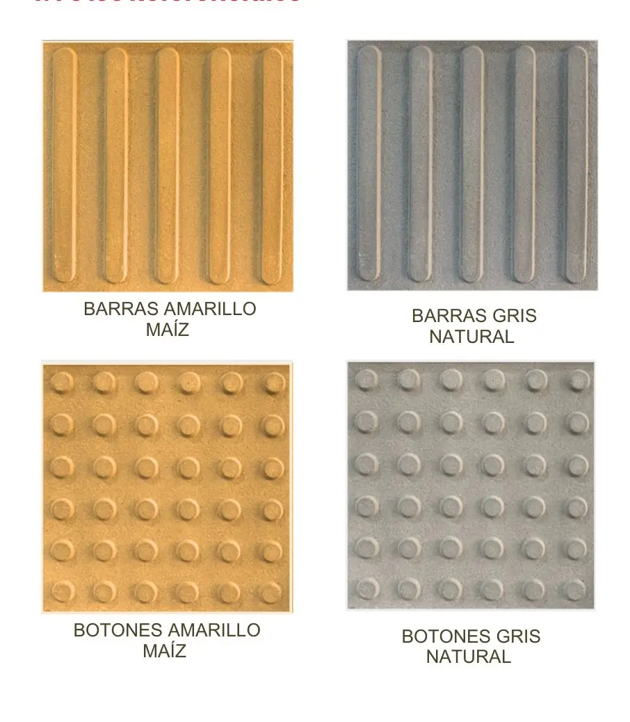 Baldosas podotáctiles de concreto modelo SIGA de barras y modelo PARE de botones, en amarillo maíz y gris natural