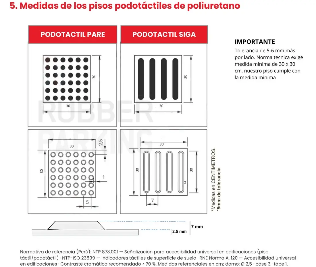 Plano con las medidas de la baldosa podotáctil de poliuretano de 30 x 30 centímetros
