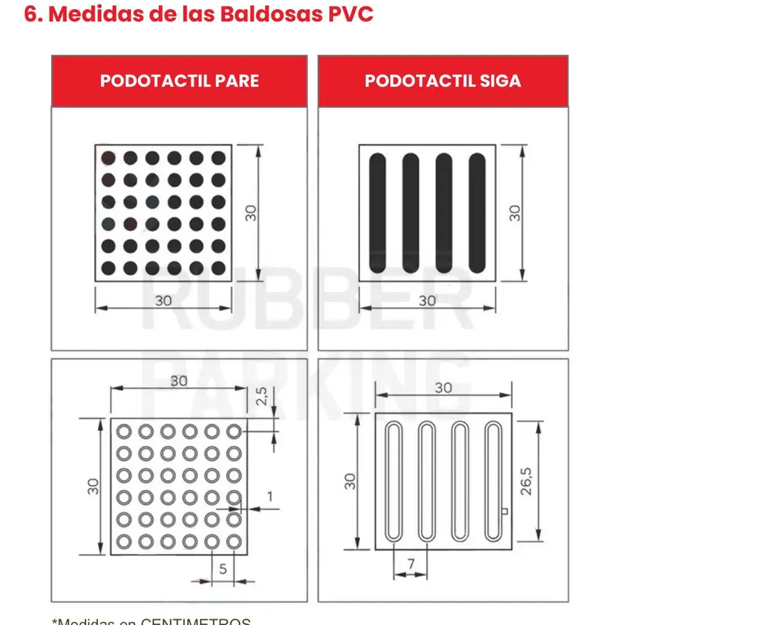 Plano con las medidas de la baldosa podotáctil de PVC de 30 x 30 centímetros