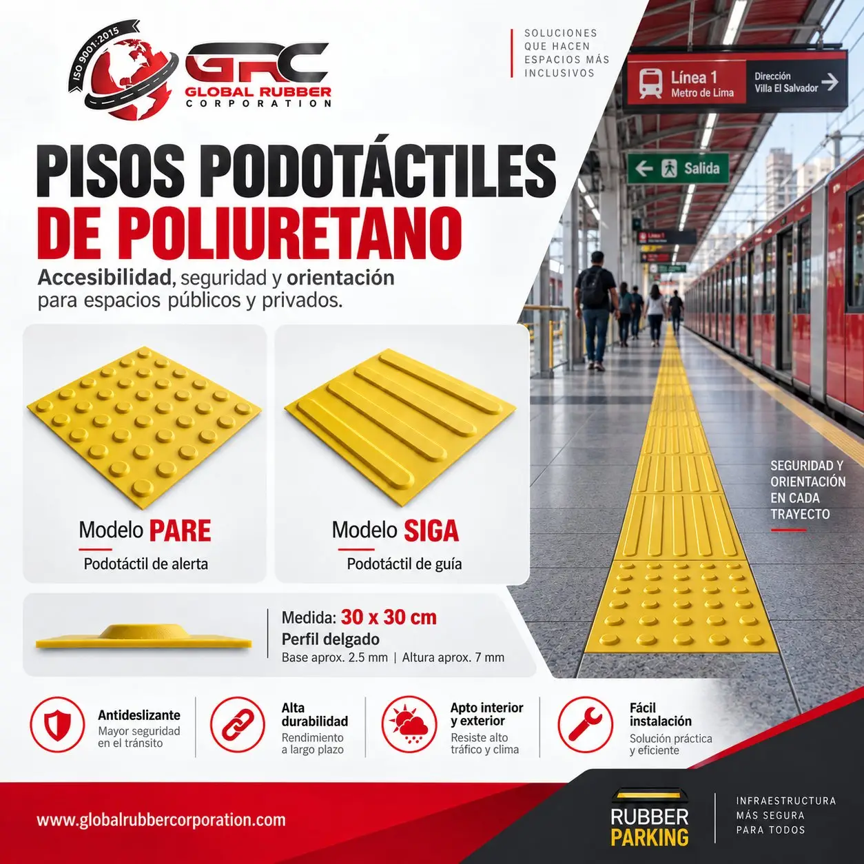 Piso podotáctil de poliuretano de 30 x 30 cm, modelo PARE de alerta y modelo SIGA de guía, formando una franja guía sobre el andén de una estación de metro