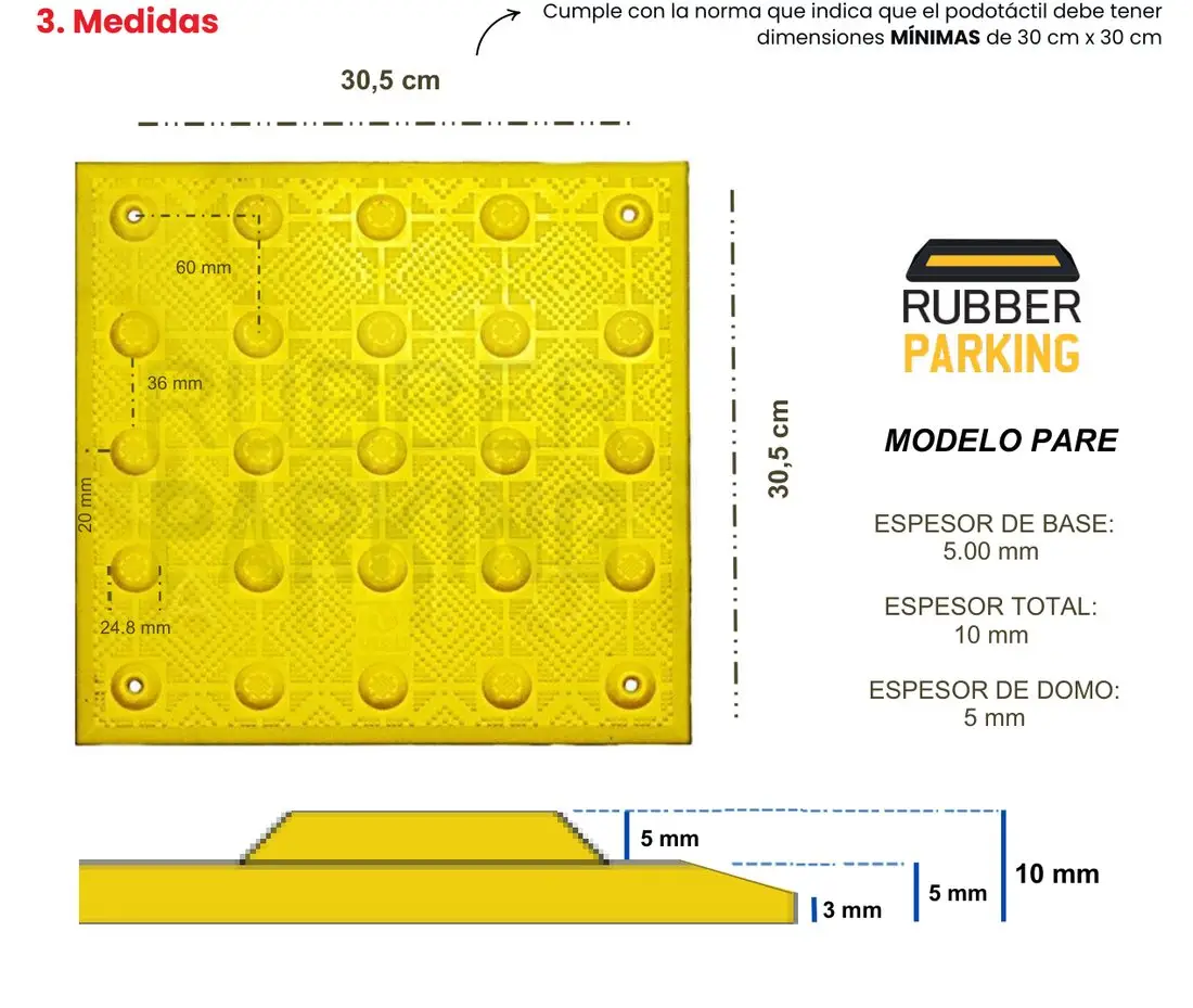 Plano con las medidas del piso podotáctil de policarbonato HIPS modelo PARE de domos
