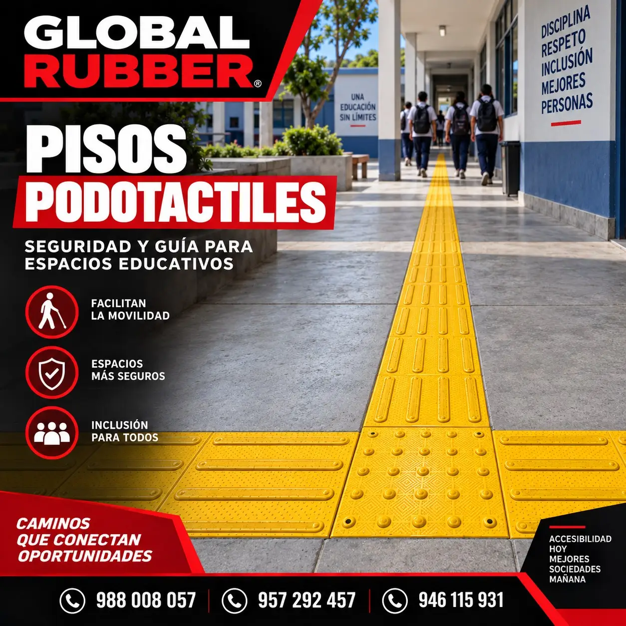 Ruta de pisos podotáctiles amarillos guiando el paso en el patio de un colegio