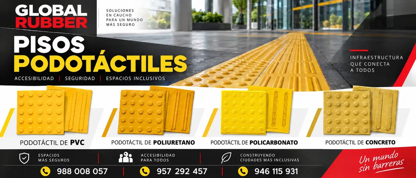 Baldosas podotáctiles de alerta y direccionales en PVC, poliuretano, policarbonato y concreto